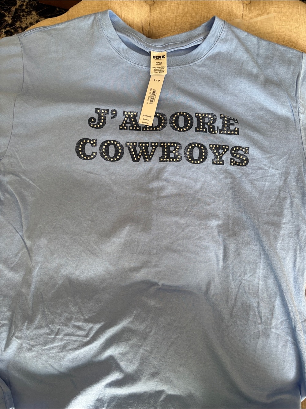 PINK Victoria's Secret Light Blue 'J'ADORE COWBOYS' Short Sleeve Tee